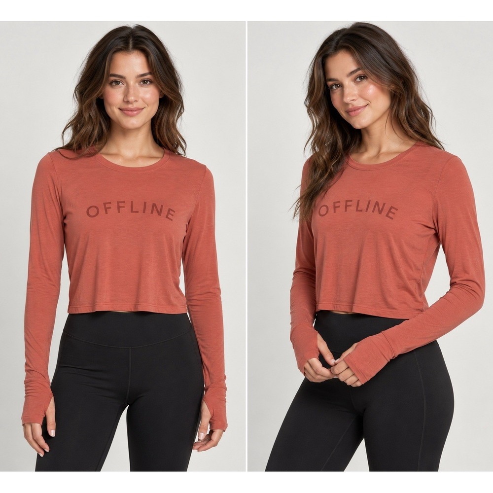 Offline By Aerie Coral Cropped Long Sleeve Top Thumb holes Small Sporty
